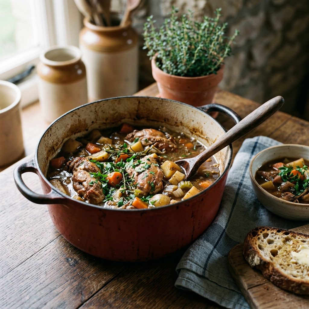 Rustic pot of beef stew with vegetables, bread, and serving bowl