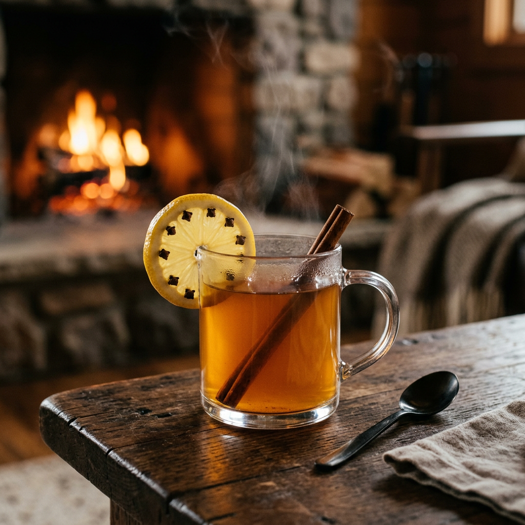 Steaming spiced citrus drink in a glass mug beside a fireplace