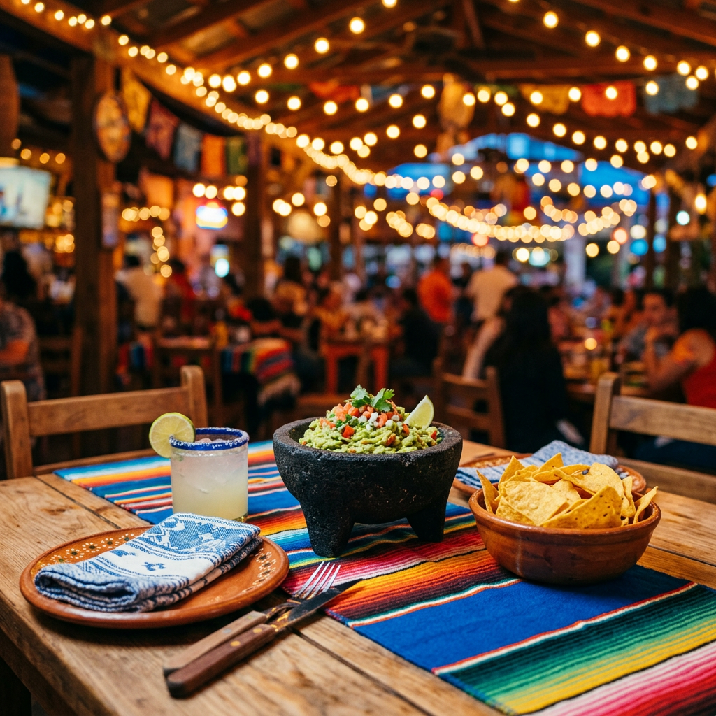 Guacamole, tortilla chips, and lime cocktail on a colorful restaurant table